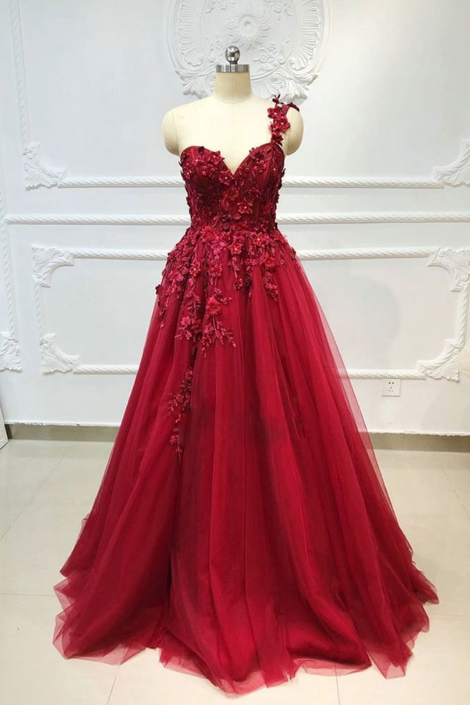 BURGUNDY TULLE LACE ONE SHOULDER LONG PROM DRESS, BURGUNDY BRIDESMAID DRESS cg4552