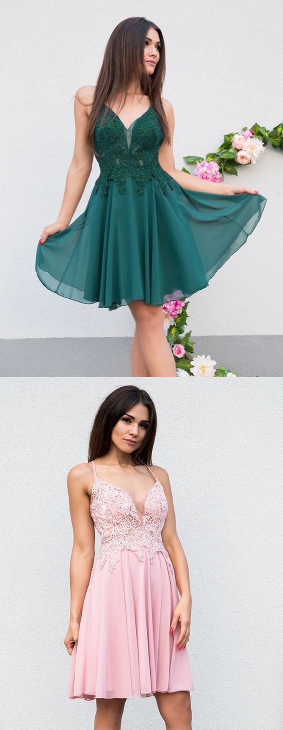 A Line V Neck Short Pink/Green Lace homecoming Dresses, V Neck Short Lace Dresses cg4587