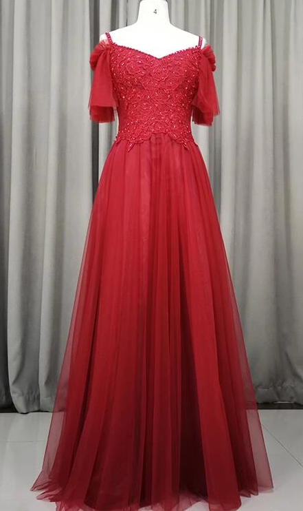 Beautiful Wine Red Tulle A-Line Party prom Dress, Long Lace Applique Party Dress cg4592