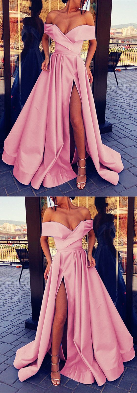 long pink satin evening gowns off the shoulder prom dress 2019 cg4621
