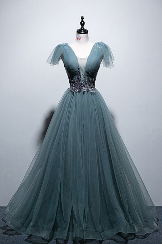 Deep Green Tulle Open Back Cap Sleeve Long Prom Dress, Formal Dress cg4625
