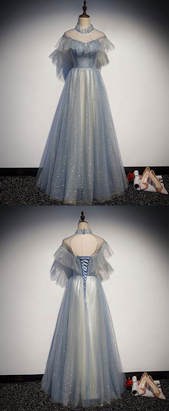 Light blue tulle lace long prom dress, tulle evening dress cg4649