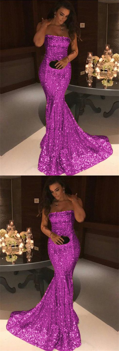 Long Purple Sequins Strapless Prom Dress Mermaid Evening Gowns cg4672