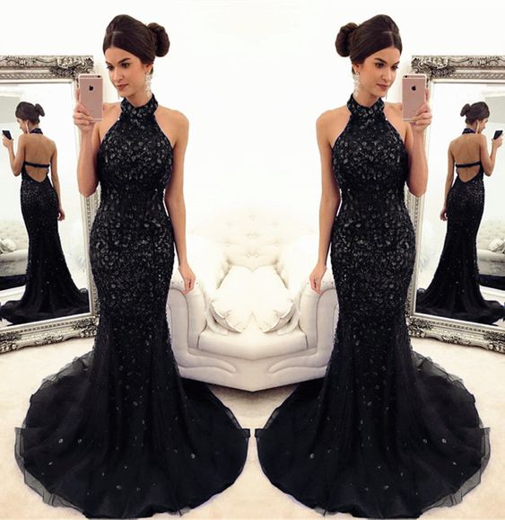 black mermaid prom dresses crystal beaded evening gowns with halter top cg4673