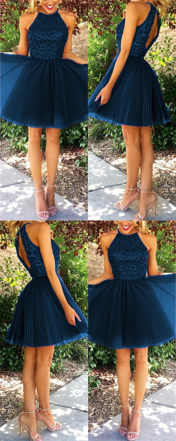 navy blue homecoming dresses short tulle backless dress cg4684