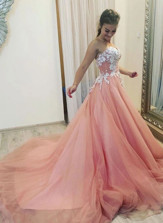 Pink tulle lace A line long prom gown pink evening dress cg4687
