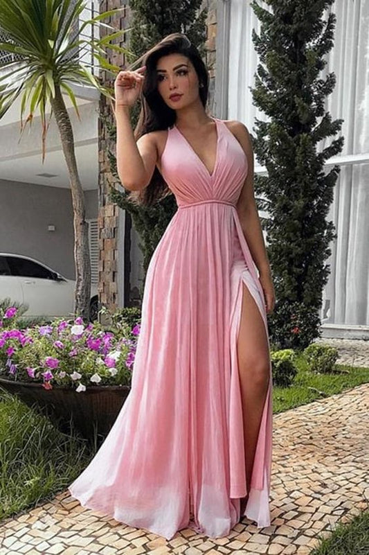 Fashion V-Neck Pink Chiffon Side Slite Prom Dress Custom Made Long A-Line Formal Evening Dress  cg4698