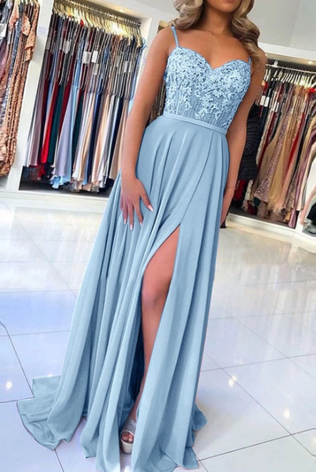 Blue lace A line long prom dress, evening dress cg4714