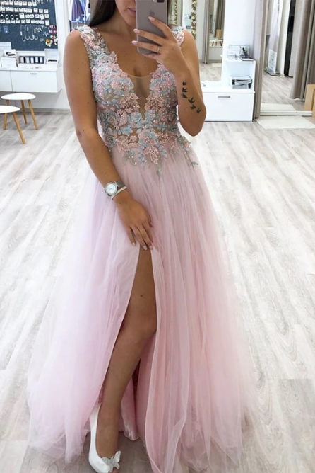 Pink v neck tulle lace long prom dress evening dress cg4715