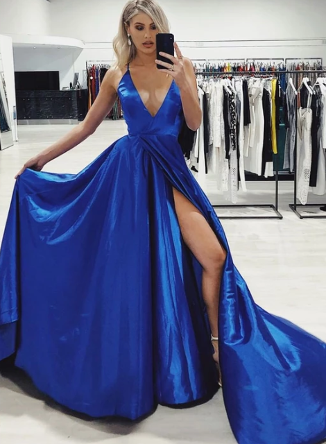 Simple blue v neck satin long prom dress, evening dress cg4717