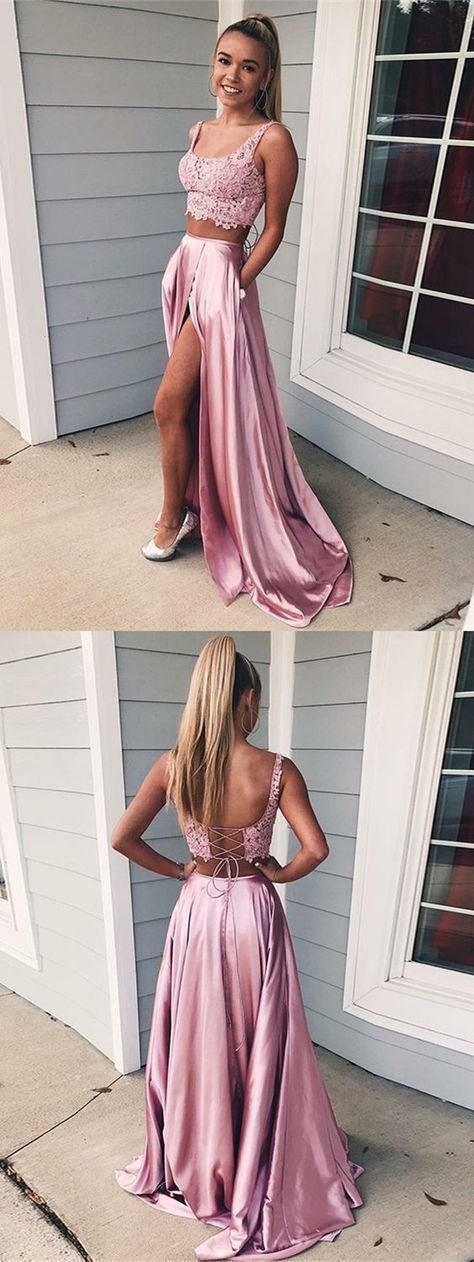 Two Piece Square Lace-Up Pink Split Prom Dress with Lace Pockets cg474