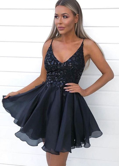 Black v neck sequins lace short party dress, black evening homecoming dress cg4756