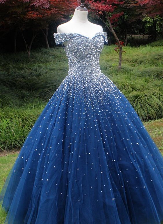 sparkle off the shoulder sequins navy blue ball gown prom dress , sweet 16 dress  cg4761