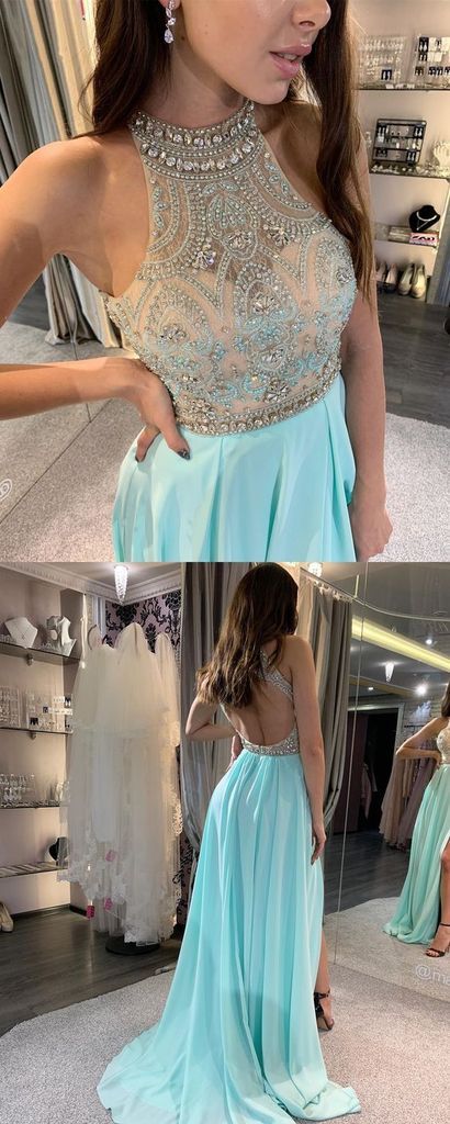 Halter A-Line Beading Ice Blue Long Prom Dress with Split-Front cg4762