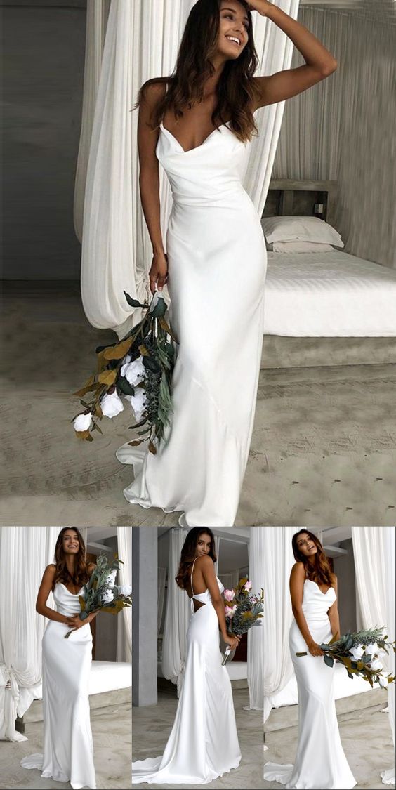 Simple Sheath Spaghetti Straps Backless Beach Wedding prom Dress cg4767