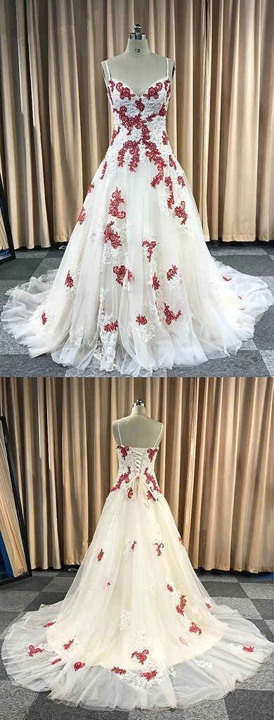 Cute Gorgeous Ivory Tulle Red Lace Applique prom dress cg4772