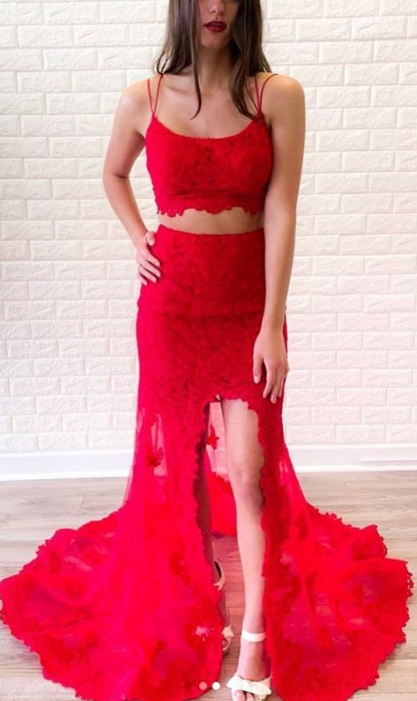 Red two pieces lace long prom dress, red lace evening dress  cg4782