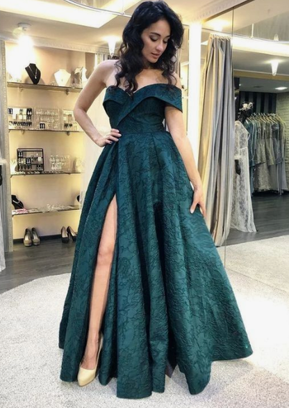 A-Line Off-the-Shoulder Floor-Length Dark Green Prom Dress with Split cg4786
