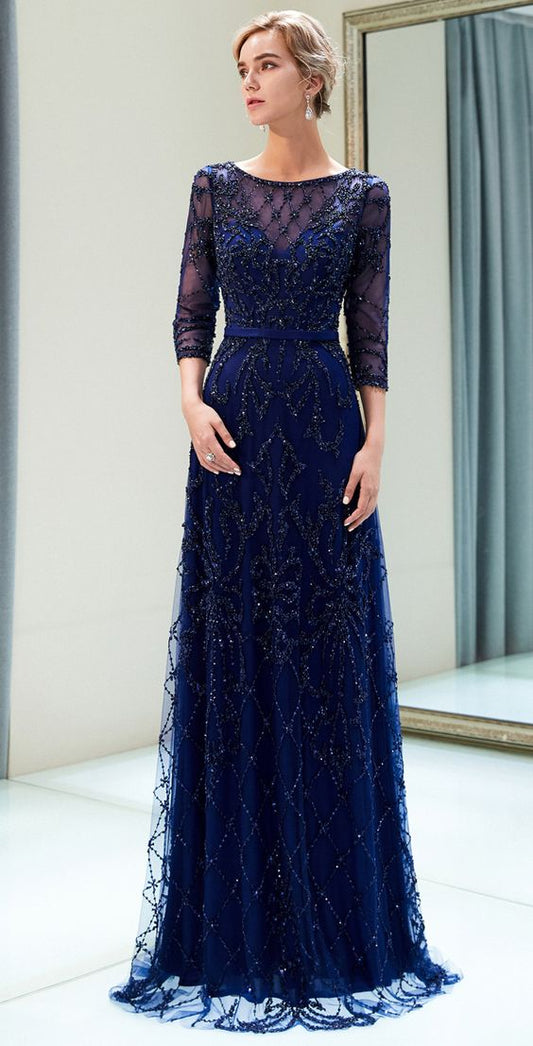 Luxurious Beaded Navy Blue Long Evening Dresses Party Dresses  cg4787