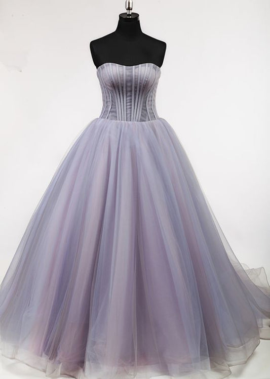 Puffy A Line Off Shoulder Pleat Lace Up Back Court Train Elegant Lady Lovely Light Purple  prom dress cg4796