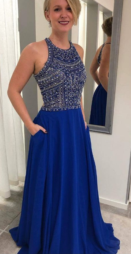 Beading Royal Blue Long Prom Dress with Lace cg4797