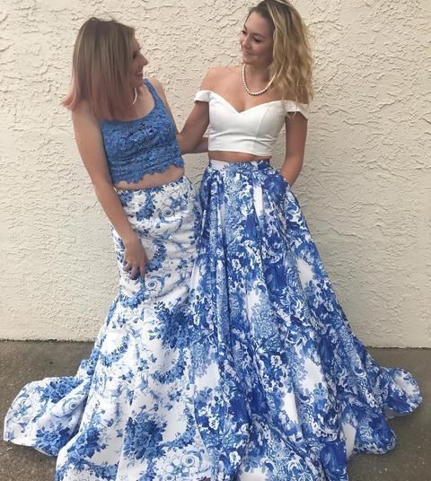 Princess Two Piece Blue and White Long Prom Dress cg4800