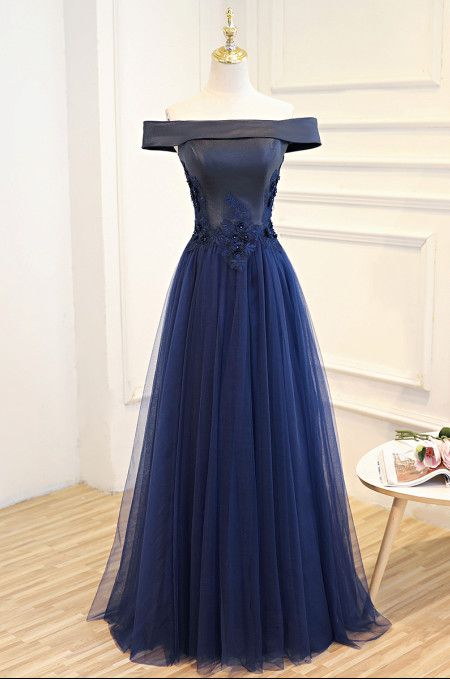 Navy Blue Off Shoulder Satin and Tulle Long Prom Dress, Blue Party Dress, Formal Dress with Floral Lace cg4814