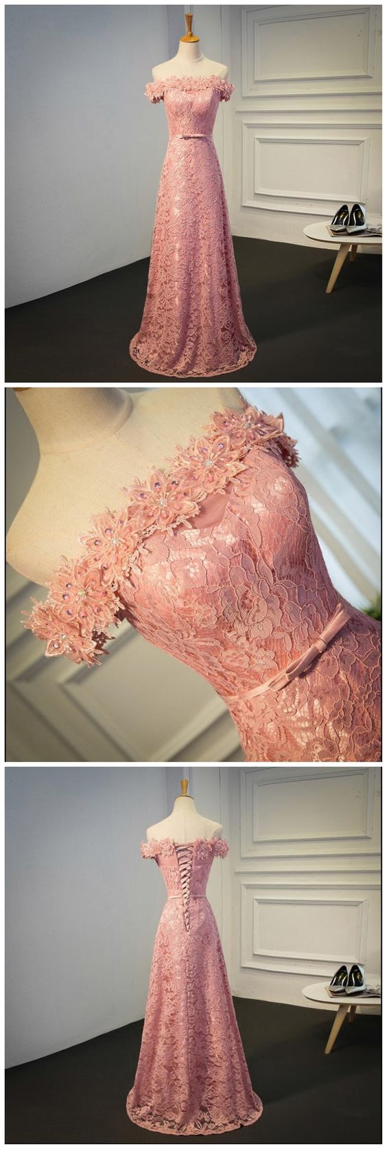 Sexy Off Shoulder Peach Lace Long Evening Prom Dresses cg4825