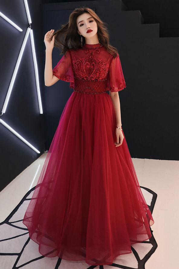 UNIQUE BURGUNDY TULLE LACE LONG PROM DRESS BURGUNDY EVENING DRESS cg4830