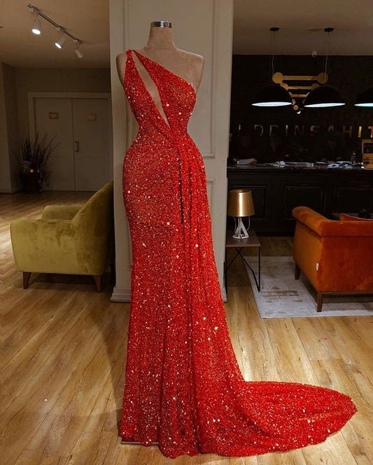 Red long prom dress sequin party gown cg4833