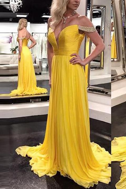 V Neck Off the Shoulder Yellow Prom Dresses Evening Prom Gowns Graduation Dress  cg4837