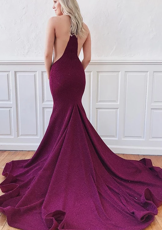 Mermaid Purple Prom Dresses 2019 Deep V Neck with Sweep Train cg4852