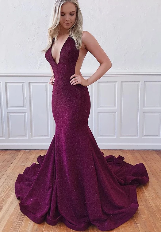 Mermaid Purple Prom Dresses 2019 Deep V Neck with Sweep Train cg4852