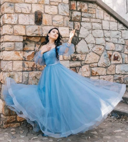 Blue Long Prom Dresses Off the Shoulder with Sleeve Party Dresses cg4858
