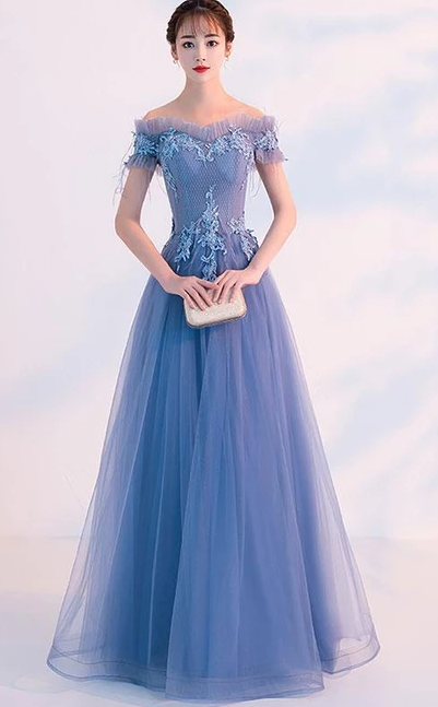 BEAUTIFUL BLUE TULLE LACE LONG PROM DRESS, BLUE TULLE OFF SHOULDER DRESS cg4860
