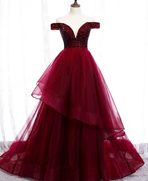 BEAUTIFUL BURGUNDY SWEETHEART OFF SHOULDER TULLE LONG PROM DRESS TULLE FORMAL DRESS cg4865