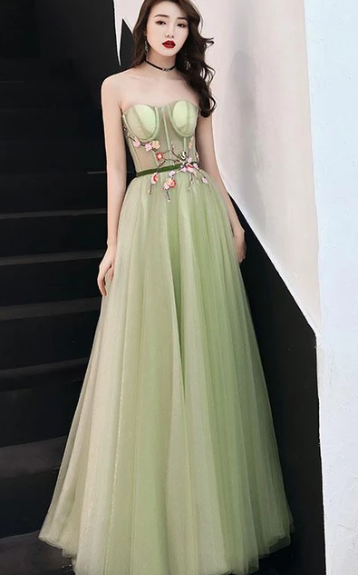 SIMPLE SWEETHEART NECK TULLE LONG PROM DRESS, GREEN EVENING DRESS cg4873