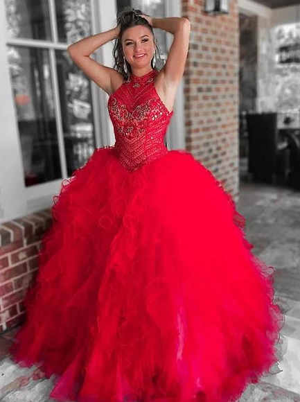 UNIQUE RED TULLE BEADS TULLE LONG PROM DRESS FOR TEENS, RED TULLE EVENING DRESS cg4874
