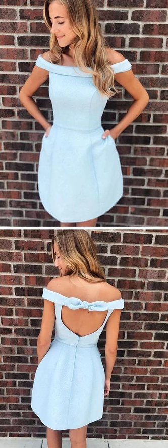 Light Blue Open Back Off The Shoulder Short party Dress, Above Knee Length Short Homecoming Dresses cg4906