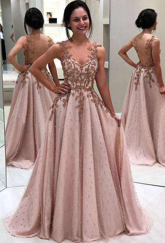 A Line Sheer Neck Long Prom Dress with Beads, Appliqued Long Evening Dress with Sheer Back cg4949