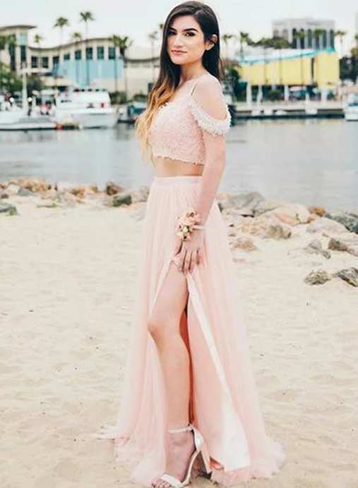 Two Piece Pink Prom Dresses Off the Shoulder Appliques Evening Dresses cg4970