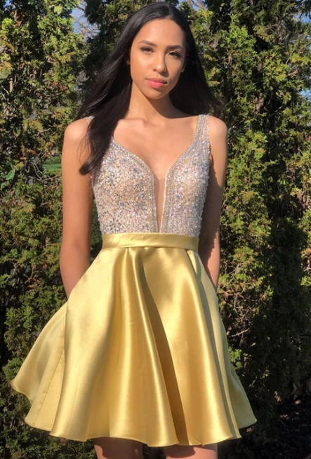 Yellow v neck satin short party dress, homecoming dress cg4973