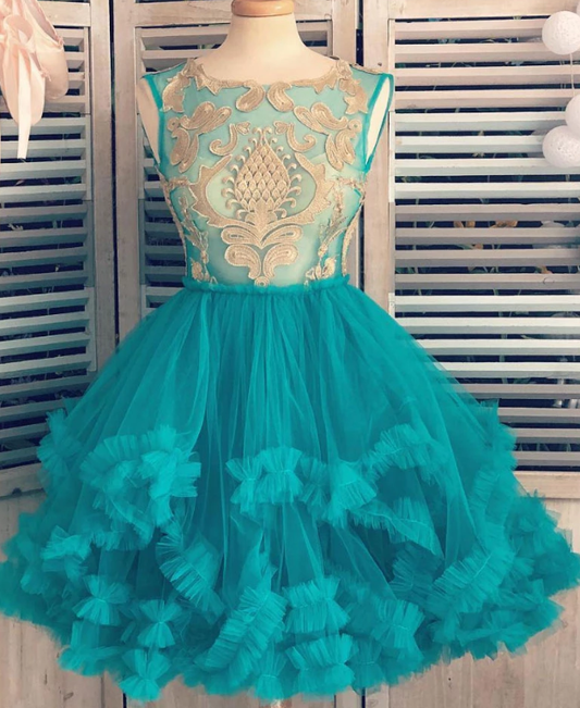 Green tulle lace short party dress, green lace homecoming dress cg4988