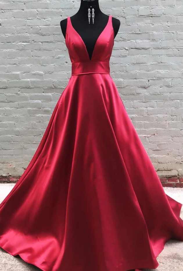 Simple v neck burgundy satin long prom dress burgundy formal dress cg5012