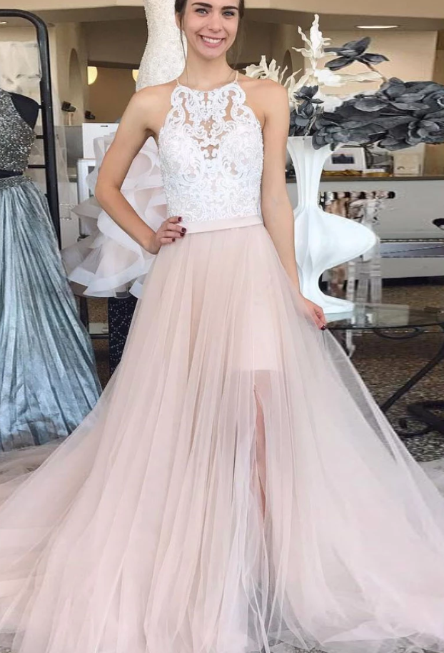 Champagne tulle lace long prom dress, champagne evening dress cg5019