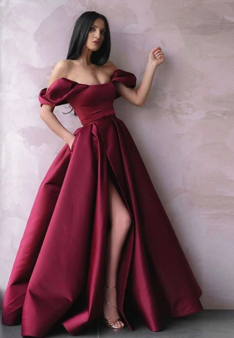 Simple burgundy satin long prom dress burgundy evening dress  cg5075