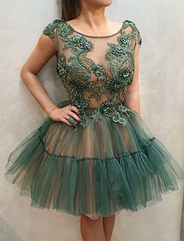 Green Short Homecoming Dresses Round Neck Appliques Party Dresses cg508