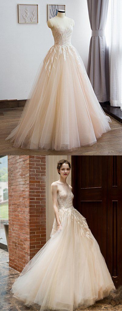 Champagne Tulle Round Neck Beaded Lace Long Senior Prom Dress cg5089