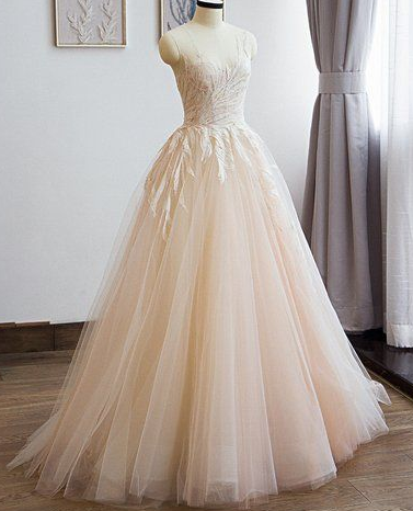 Champagne Tulle Round Neck Beaded Lace Long Senior Prom Dress cg5089