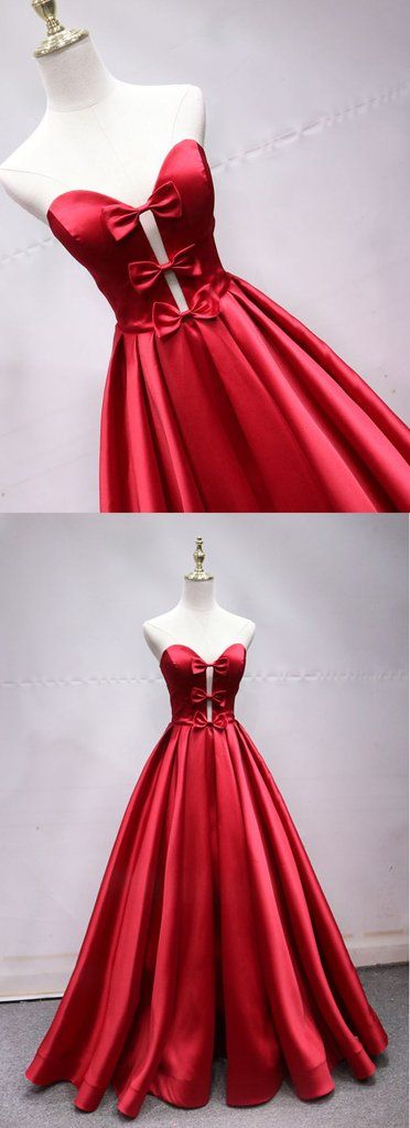 Sweetheart Neck Red Satin Lace Up Long Prom Dress With Bowknot  cg5099